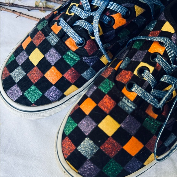 Metallic Checkered Multicolored Vans, women’s size 7.5, with Blue Sparkled Laces - Picture 8 of 13